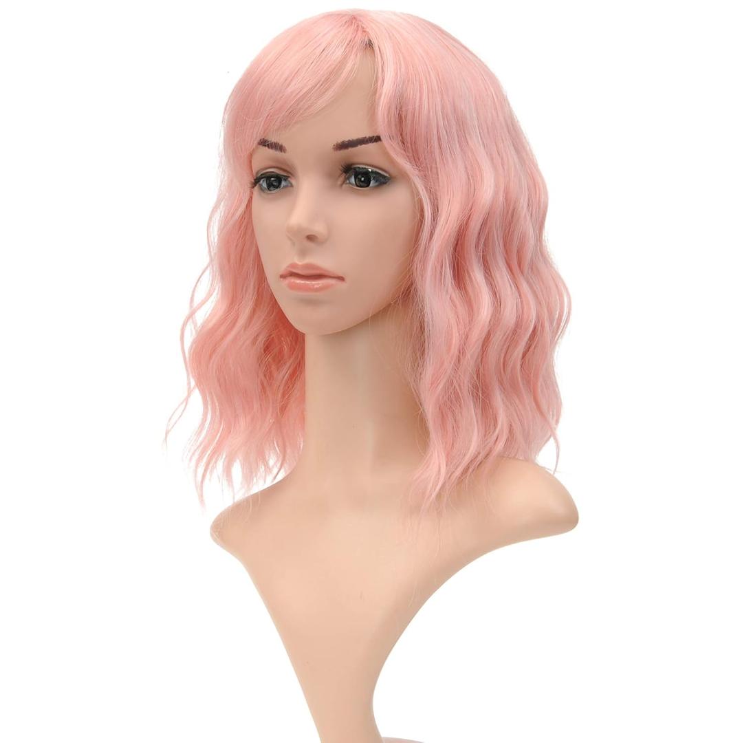 VCKOVCKO Natural Wavy Pastel Pink Wig Colorful Wigs With Air Bangs Short Bob Wigs Women's Shoulder Length Wigs Curly Wavy Synthetic Cosplay Wig Bob Wig for Girls(12", Lovely Pink)