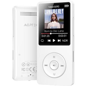 AGPTEK A02 MP3 Player with Bluetooth 5.3, 1.8 inch Screen Portable Music Player with Speaker, FM Radio, Voice Recorder, Supports Expanded Up to 128GB(White, 32GB)