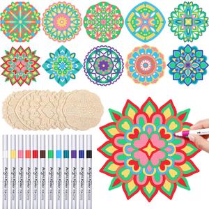 22 Pack DIY Wooden Mandala Art Set Diwali Crafts 10 Mandala Unfinished Wood Cutouts 12 Markers Lotus Flower Wood Painting Kits for Adults Painting, DIY Crafts Home Decors(Modern Style)