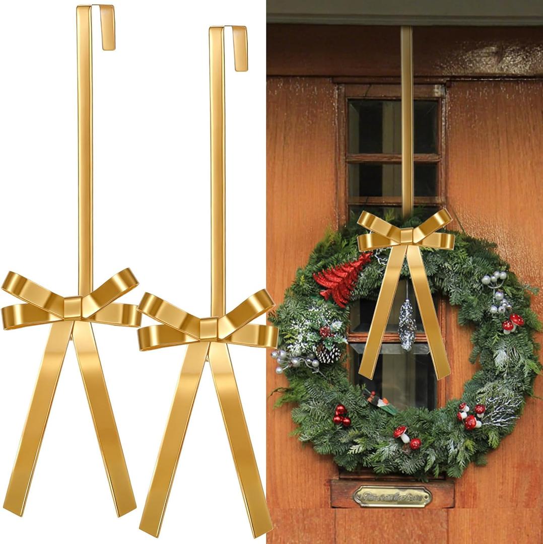 2 Pack Christmas Wreath Hangers for Front Door Christmas Decoration Metal Bow Door Wreath Hanger Front Gold Bow Garland Hooks Hanging Welcome Sign for Xmas Halloween Fall Decorations