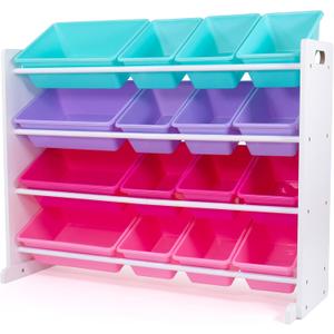 Humble Crew Toy Storage Organizer with 16 Removable Storage Bins for Kids Playroom, 4-Tier Toddler Toy Organization, White/Blue/Pink/Purple