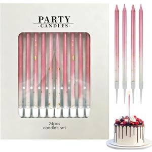 24 Pcs Pink Long Thin Birthday Candles with Holders, Birthday Candles for Cake and Cupcake, Party and Wedding Decorations (Pink)