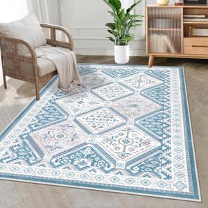 HEBE Washable Area Rug 3x5 Living Room Rug Large Rugs for Bedroom Soft Throw Rugs Non Slip Dining Room Mat Traditional Tiled Area Rugs Indoor Floor Carpet for Nursery Kids Room Entryway (3' x 5', Blue)