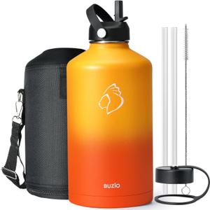 BUZIO 128oz Gallon Water Bottle, Insulated Water Jug with Straw Lid and Carrying Sleeve (Cold for 48 Hrs) Stainless Steel Hydro Metal Canteen Water Flask, Yellow Orange