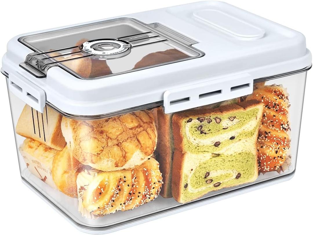 Dynta Large Bread Box for Kitchen Countertop 11.4 x 7.5 x 6.7 Inch Airtight Bread Storage Container Time Recording Bread Keeper with Lid for Toast, Loaf and Cookies (White)