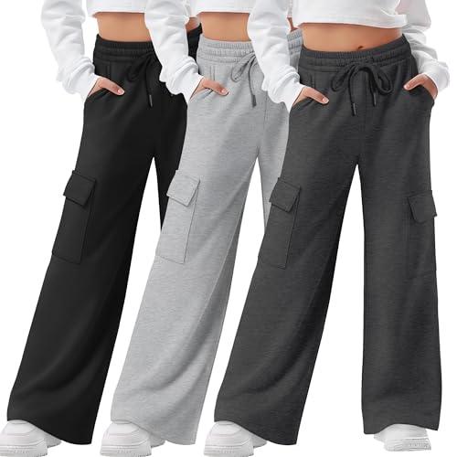 LessonZoo 3 Pack Girls Cargo Sweatpants Kids Wide Leg High Waist Drawstring Pants Casual Baggy Athletic Trousers XL (Dark Gray, Light Gray, Black,Large)