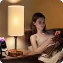 Bedside Lamp with Charging Station 74W2*3.94ft Retractable Cords & 2 USB Ports, 3 Way Dimmable Touch Lamps for Nightstand with LED Bulb, Desk Lamp with Charger for iPhone, iPad, Wood Base (Grey-Wood Grain)