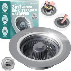 3 in 1 Kitchen Sink Drain Strainer and Stopper, 304 Stainless Steel Pop-up Anti-Clogging Basket Strainer, Fast Drainage Kitchen Sink Plug for Standard 3-1/2" Drain Hole (Silver+grey)