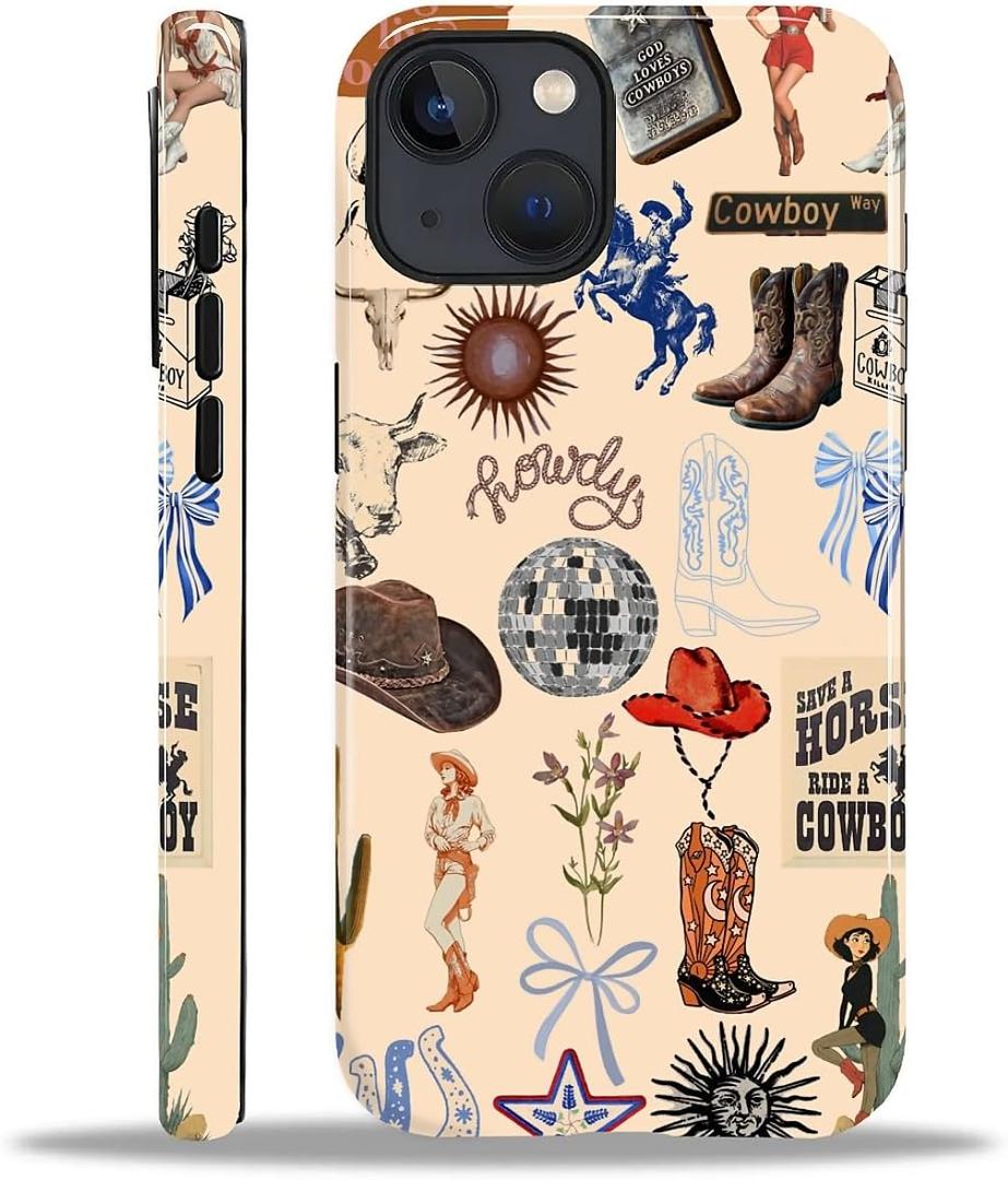 Compatible with iPhone 14 13 Case - Hybrid Heavy Duty 2 in 1 Full Body Rugged Shockproof Protection Glossy Case for iPhone 14 13 - Cowgirl Western Country Cowboy Howdy