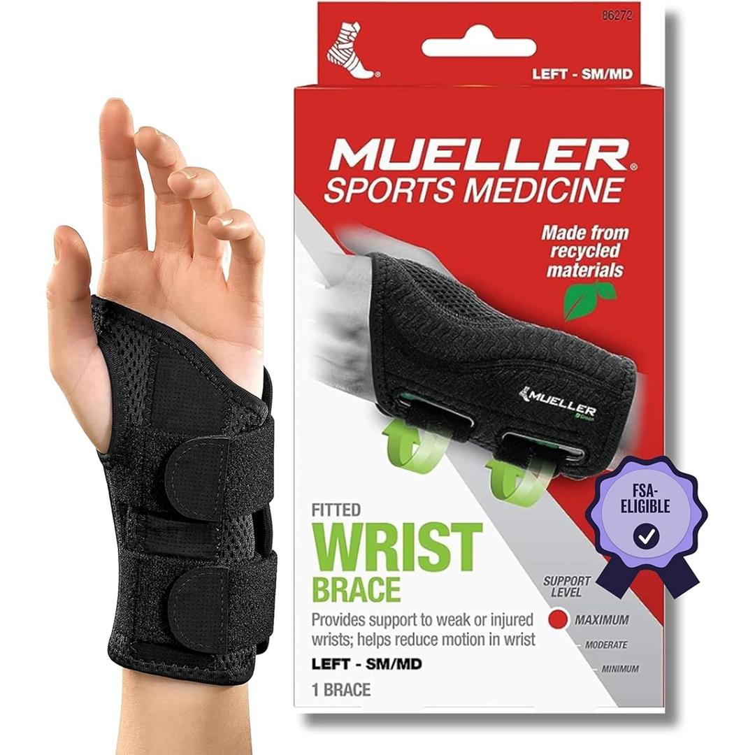 MUELLER Sports Medicine Green Fitted Wrist Brace for Men and Women, Wrist Pain Relief Support, Ideal for Carpal Tunnel, Tendonitis, Arthritis, Left Hand, Black, Small/Medium (Black)