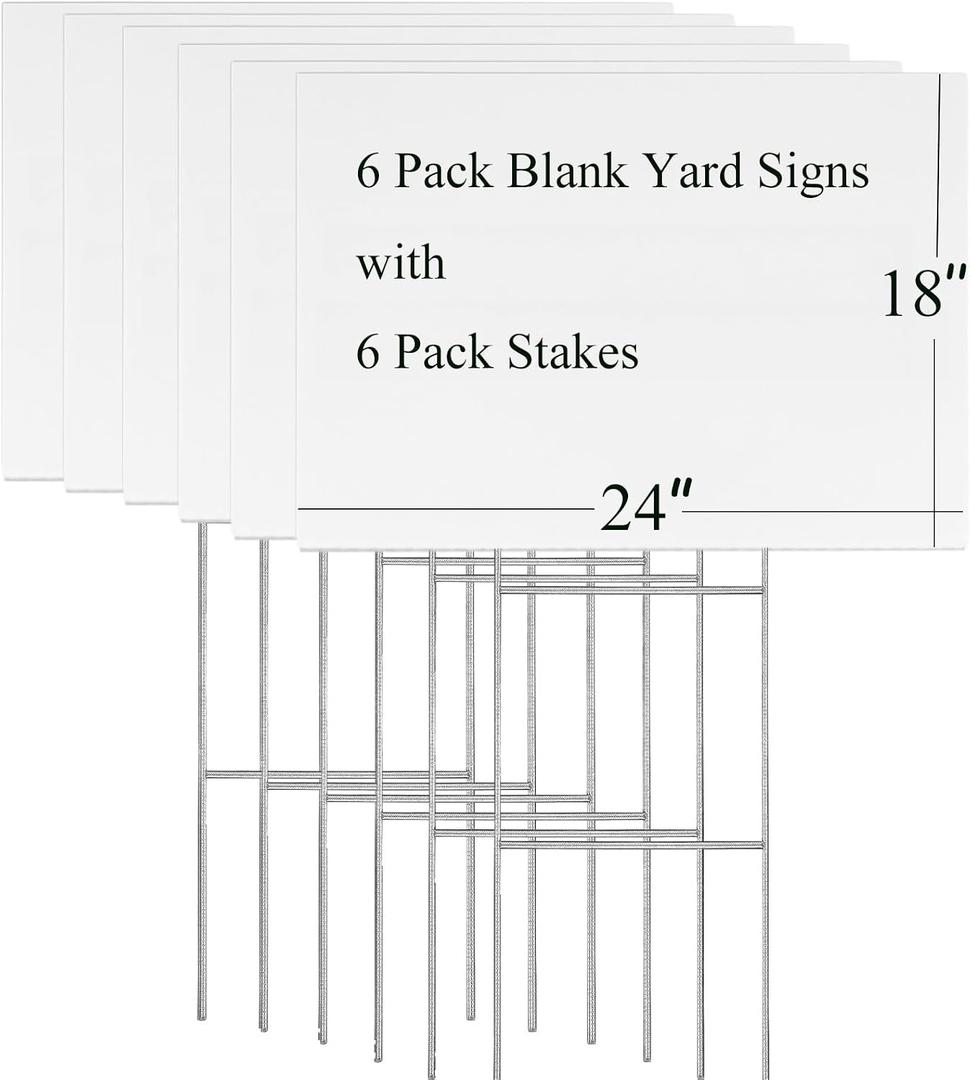 Blank Yard Signs with Stakes 18x24 Inches, 6 Pack Large Corrugated Plastic Lawn Signs, Custom Double Sided Yard Signs for Outside, Estate Garage Sale, Party, Campaign Decorations