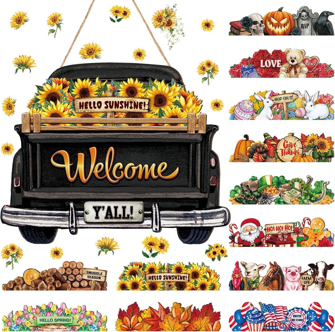 Ferraycle Interchangeable Welcome Sign Summer Truck Decor Seasonal Hanging Sign Farmhouse Rustic Holiday Door Signs with 12 Holiday Icons for Summer Independence Day