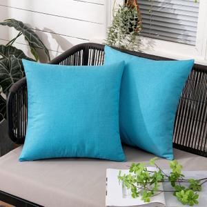 MIULEE Pack of 2 Outdoor Throw Pillow Covers Waterproof Decorative Soft Pillowcases Linen Farmhouse Square Cushion Shams for Patio Balcony Couch Garden 16x16 Inch, Blue