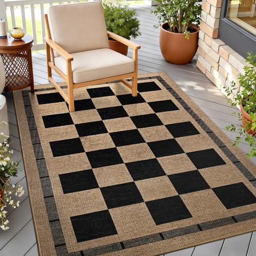 Vasofe 3x5 Plaid Rug, Jute Rugs, Washable Outdoor Indoor Checkered Carpets, Entryway Bedroom Potio Porch Kitchen Carpet, Non Slip Farmhouse Neutral Office Laundry Floor Mat, Black and Brown