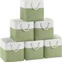 FinishingBo Fabric Cubes Storage Basket, 6 Pack 11x11 in with Handles Cube Storage Bins, for Shelves, Home, Office Organizers (White/ Green)
