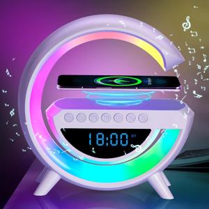 Smart LED Table Lamp with Wireless Charger Atmosphere Lamp, Bedside Lamp with Clock, Color Changing Sound Machine for Home Decor, Bedroom, Office