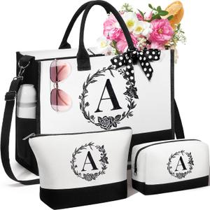 Personalized Gifts for Women, Initial Canvas Tote Bag & Makeup Bag Monogrammed Beach Tote Bags for Women w/ Zipper, Mothers Day Birthday Gifts for Mom Her Wife Girlfriend Sister Best Friend Teacher