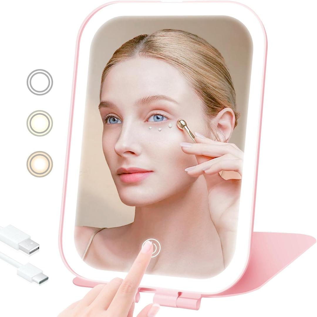 Travel Makeup Mirror, Portable Mirror with 3 Adjustable Light Settings, USB-Rechargeable Vanity Mirror with LightsGift for Women and Girls (Pink)