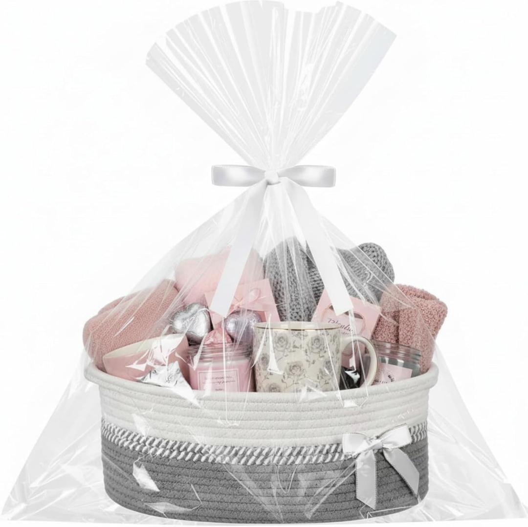 Colingmill Mother's Day Woven Gift Basket Empty for Women with Handles Ribbons Bow Tie Bag, Decorative Woven Gift Basket for Mom, Rope Storage Box Home Decor(14 x 10 x 5.5 Inch,Gray White)