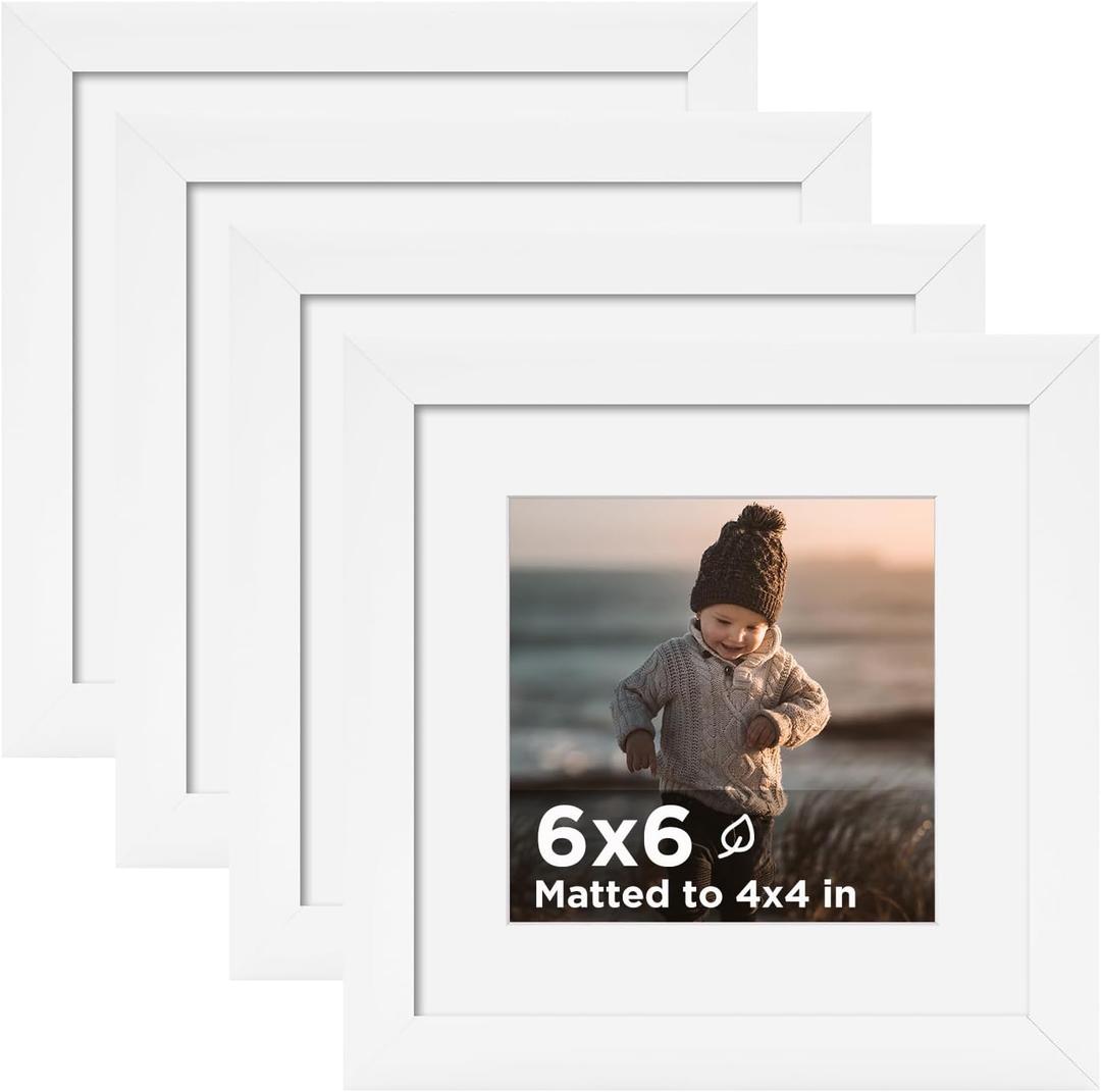 KINLINK 6x6 Picture Frame White Set of 4, Wooden Square Photo Frames Matted 4x4 with Plexiglass for 4x4 with Mat or 6x6 without Mat for Table and Wall Display