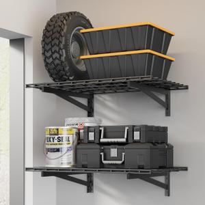 Jusgym 2 Pack Wall Mounted Garage Shelving, 2x3ft, 700lbs Integrated Grid | Wall Mounted Floating Design, 24"x72" Storage Rack, No Splice Seamless Structure, Rustproof Black Coating for Garage Workshop
