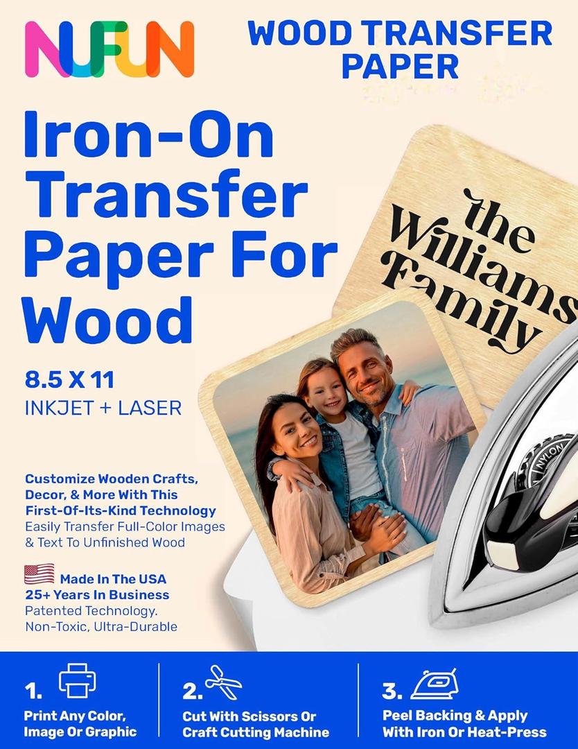 NuFun Activities Printable Iron-on Heat Transfer Paper for Wood, 10 Sheets 8.5 x 11 inch, Long Lasting, Durable, Professional Quality, Easy DIY, Non-Toxic, Made in The USA