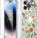 GVIEWIN for iPhone 14 Pro Max Case Floral, with Screen Protector&Camera Lens Protector,[Non Yellowing] Soft Shockproof Clear Phone Protective Cover for Women, Flower Pattern 6.7"(Blooming Flowerets)