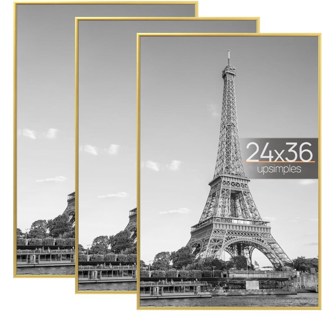 upsimples 24x36 Poster Frame Gold 3 Pack, Scratch-Proof Picture Frames 24 x 36 for Photo Gallery - Slide-In Strips, Horizontal or Vertical Wall Mounting