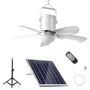 Solar Ceiling Fan with Light, 10800mAh Rechargeable Battery & 15W Solar Panel, DC Brushless Quiet Fan, RF Remote Control, for Gazebo, Patio, Camping Tent, Garage, RV, Emergency Use