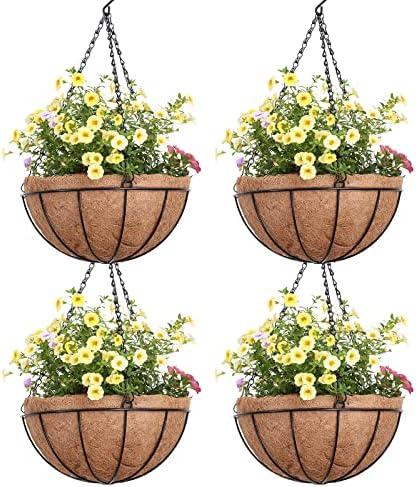 EIMQUVW Outdoor Metal Hanging Planters Basket (4pack, 14 inch) Hanging Baskets for Plants Chain Round Wire Plant Holder with Coco Fiber Liners for Garden, Patio, Deck, Porch