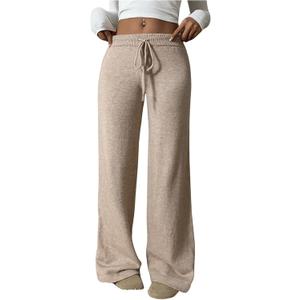 Verdusa Women's Straight Leg Pants Drawstring Waist Knitted Extra Long Trousers Fall Outfit Khaki Medium
