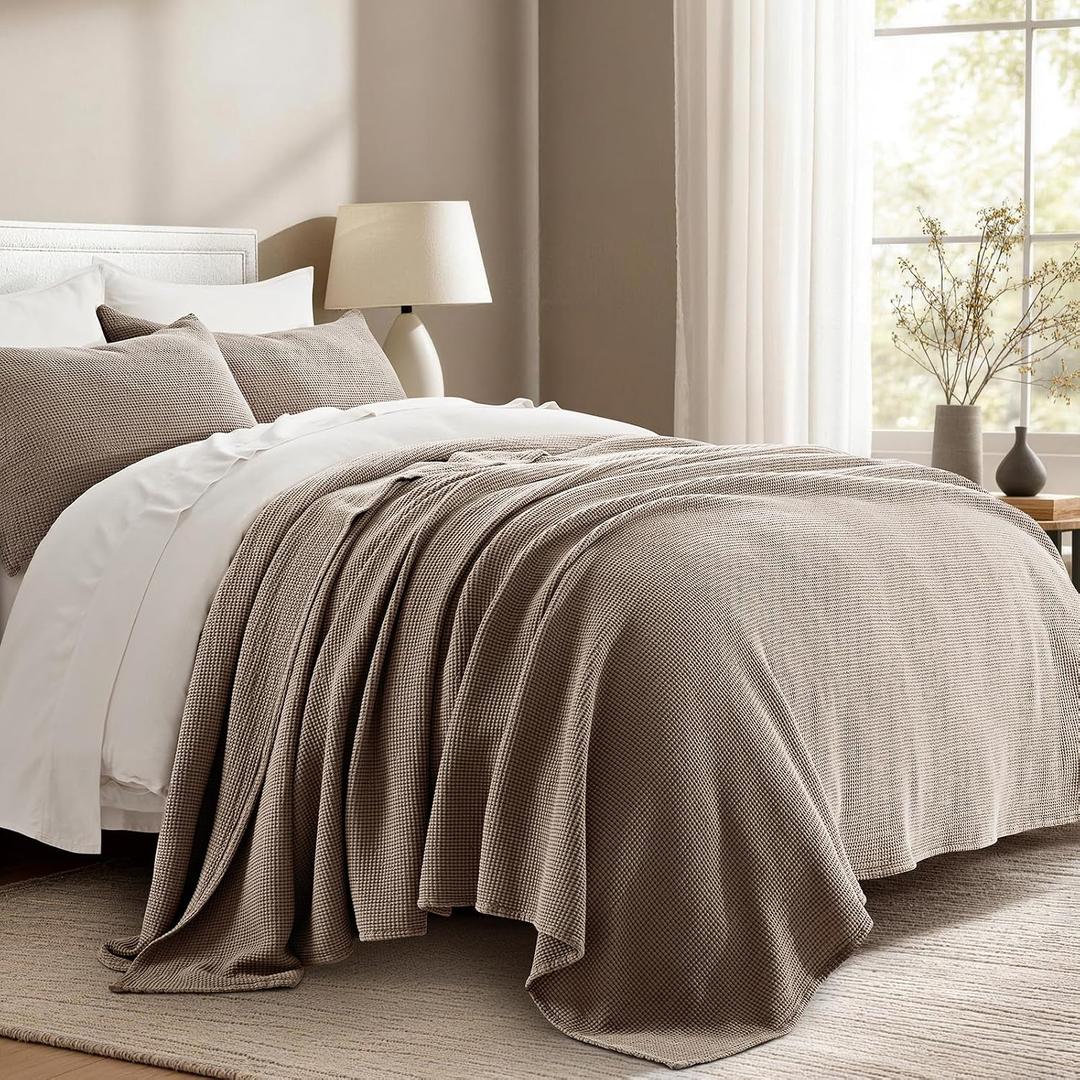 100% Cotton Waffle Coverlet Set, Queen Size, Truffle Taupe Brown | Soft Premium Waffle Weave Cotton Bed Blanket, Lightweight Oversized Bedspread, All Season 3-Piece Bedding Set with 2 Shams