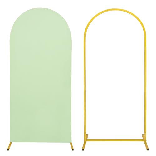 Metal Arch Stand and Cover Set,1 Sage Green Spandex Fitted Backdrop with 1 Gold Wedding Arched Stand Frame for Parties Birthday Baby Shower Bridal Banquet Decoration (6FT)