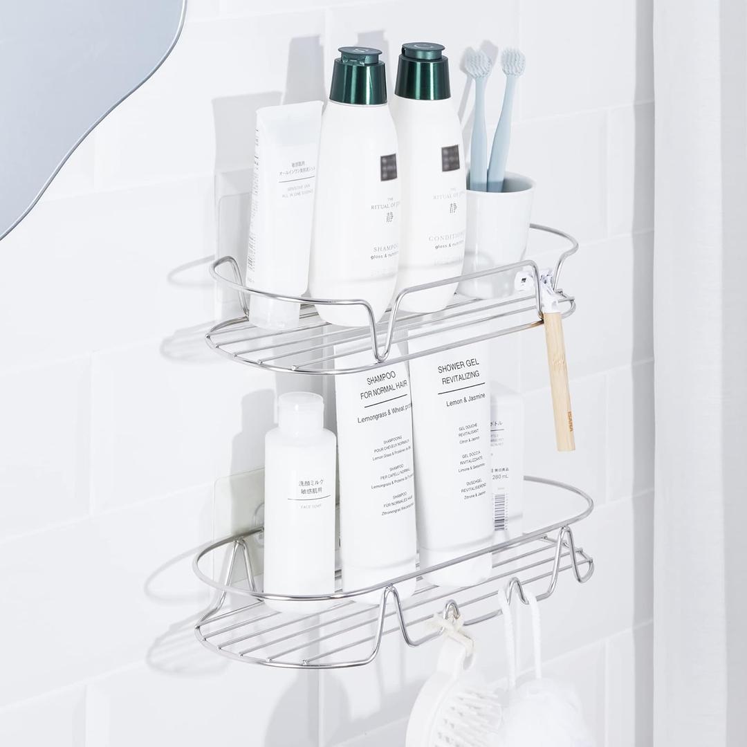 KINCMAX Shower Caddy, Rustproof SUS304 Stainless Steel, Adhesive Wall Mount Double Round Baskets 2-pack (Polished Silver)