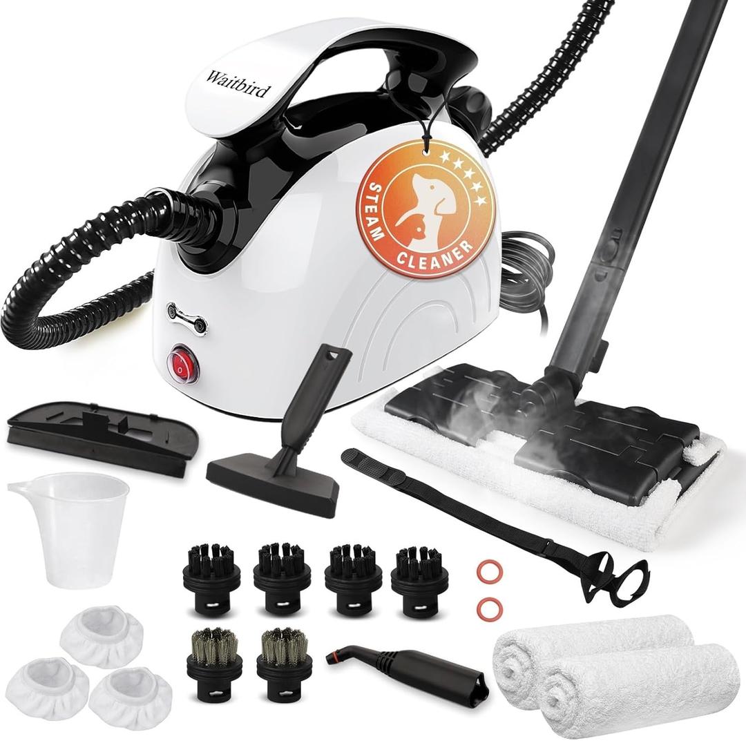 Steam Cleaner with 21 Specialized Attachments, 1.08-Liter Water Tank, 248F High-Temperature Steam, Suitable for Floors, Tiles, Carpet, and Kitchen Surfaces, Enables Chemical-Free Cleaning (White)