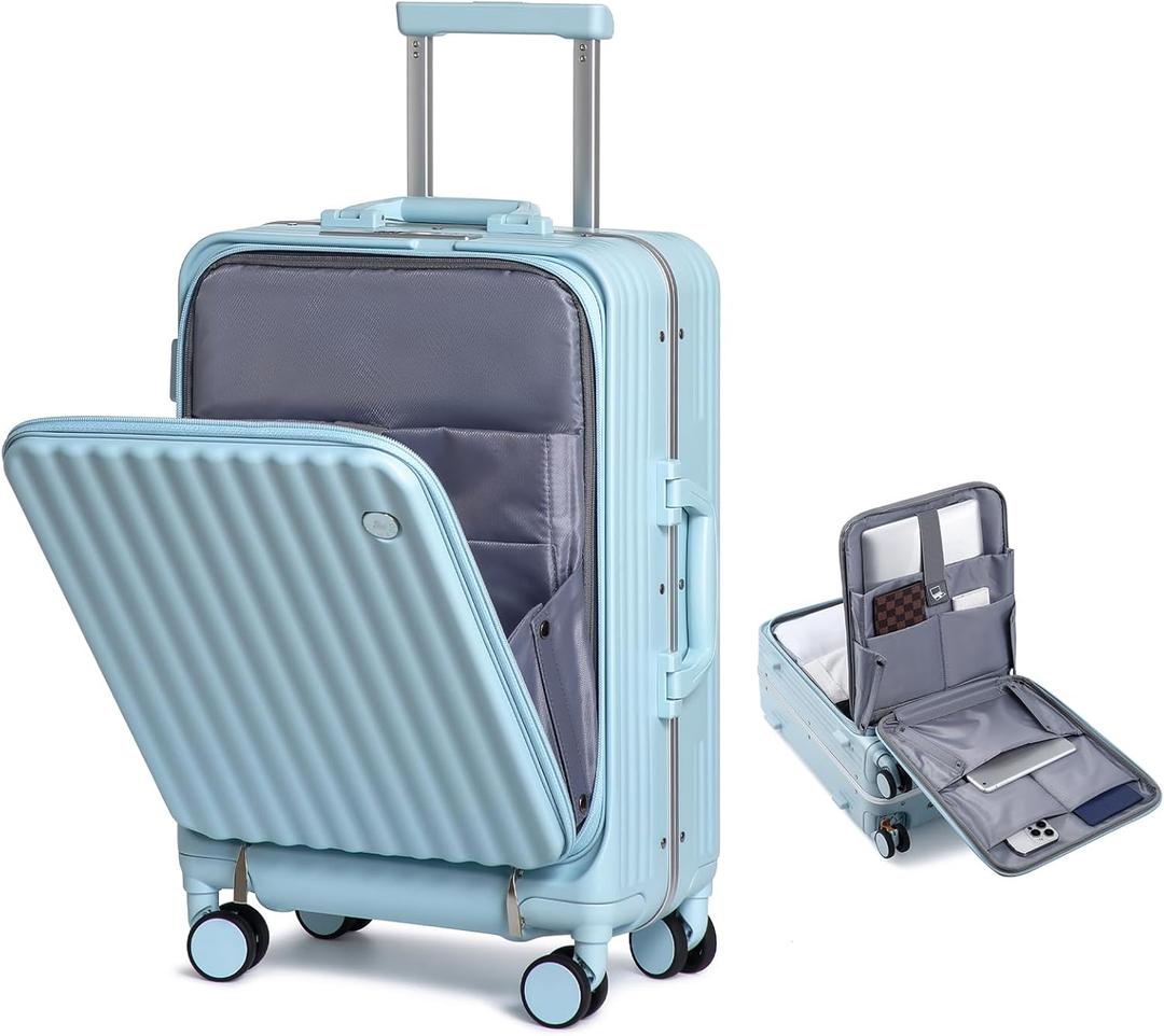 Somago Carry on Luggage Front Open 22x14x9 Airline Approved Lightweight Suitcase with Cup Holder and USB Port Aluminum Frame Polycarbonate Spinner Hard Suitcase with TSA Lock (Light Blue)