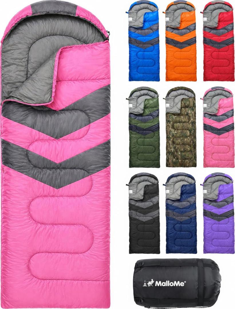 MalloMe Sleeping Bags for Adults Cold Weather & Warm - Backpacking Camping Sleeping Bag for Kids 10-12, Girls, Boys - Lightweight Compact Camping Essentials Gear Accessories Hiking Sleep Must Haves (Blossom Pink)