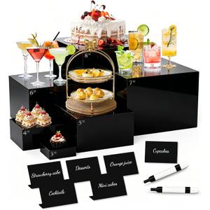 6 Pcs Buffet Risers with Mini Sign and Maker, Black Food Risers Display Stand for Buffet Table Party Catering Dessert Jewelry Collectibles, Nesting Cube Boxes with Hollow Bottoms (8",7",6",5",4",3")