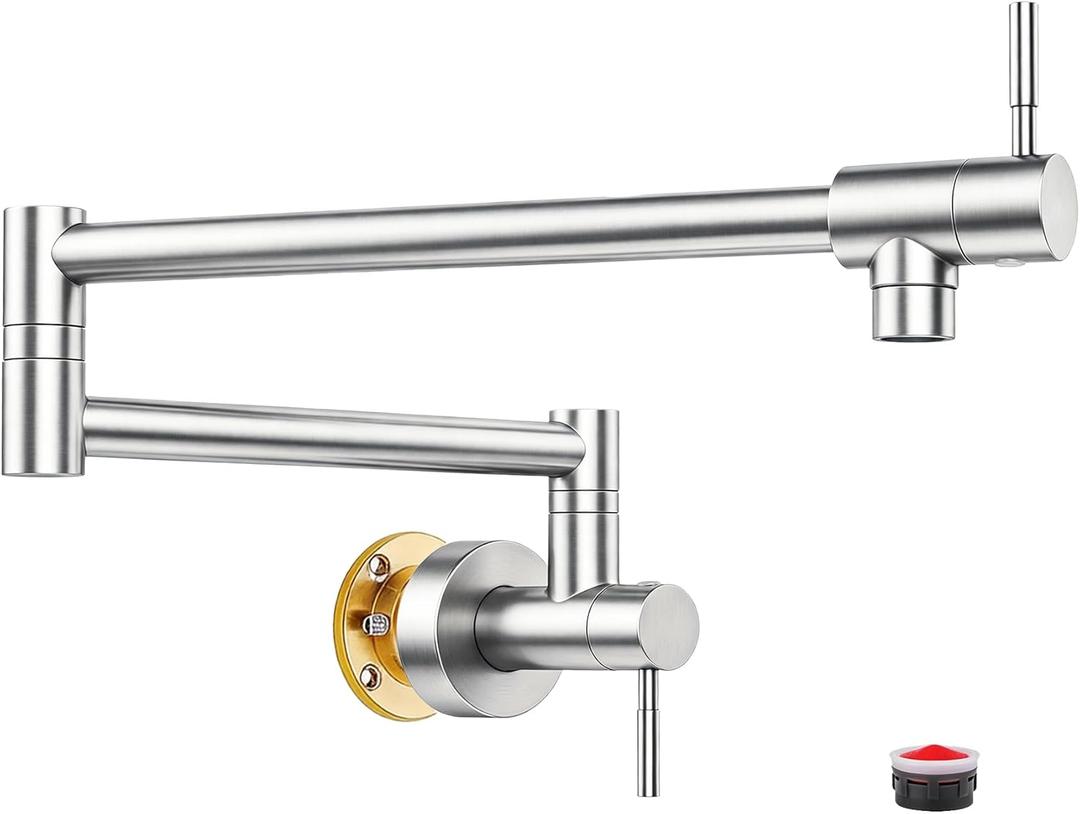Brushed Nickel Pot Filler, Pot Filler Faucet Wall Mount, Brass Folding Stretchable with Double Joint Swing Arm Single Hole Two Handles Kitchen Restaurant