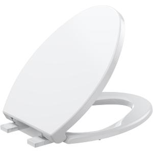 19" Elongated Toilet Seat with Quiet-Close Lid, Soft Close Slow Close Cover with Quick-Release & Quick-Attach Hardware, Full Flat White, Easy Clean Design, Grip-Tight Bumpers