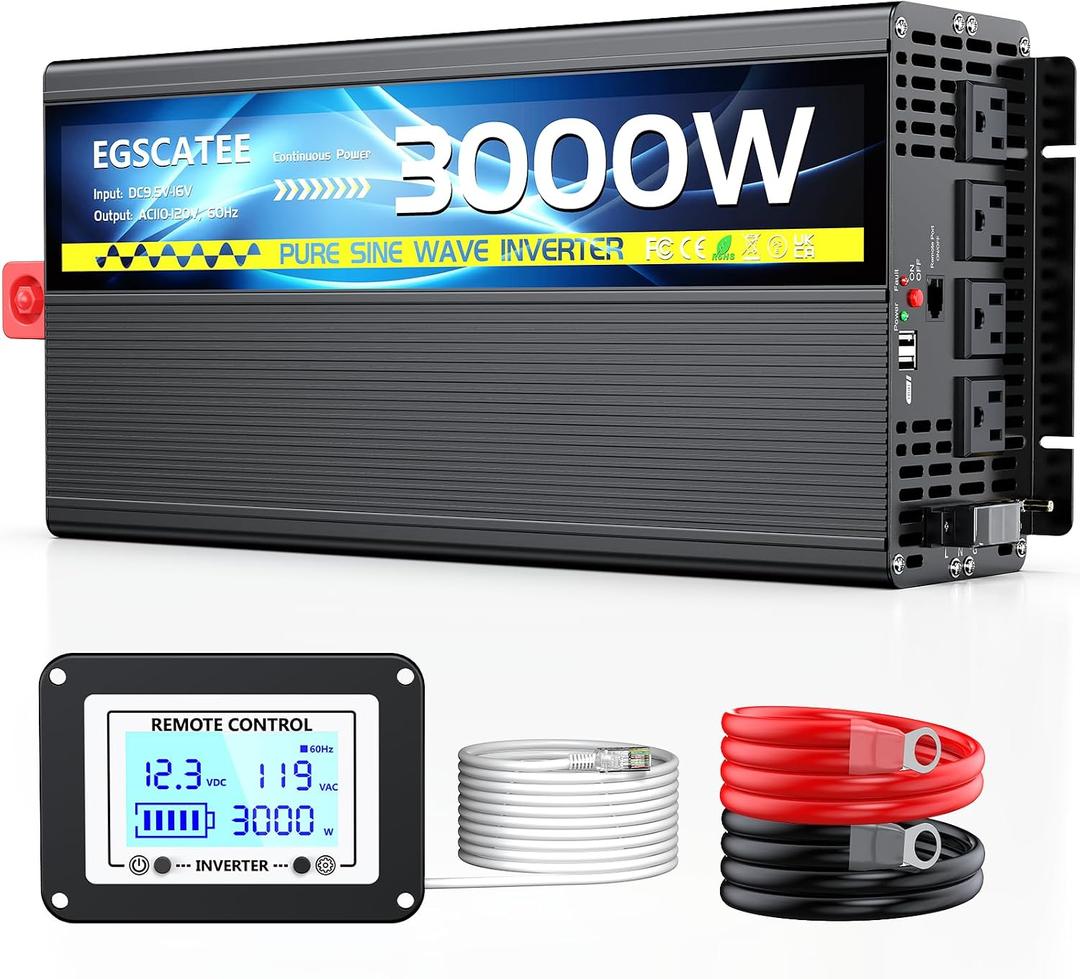 3000W Pure Sine Wave Inverter 12V DC to 110V/120V AC for Solar Off-Grid