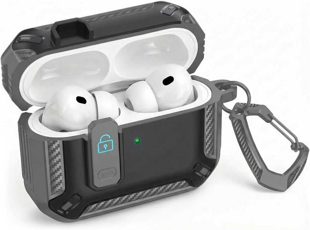 3 x Locking Case Compatible with AirPods 5 (2026) / AirPods 4 (2024), Shockproof AirPods 5 Protective Case, AirPods 5 Cover with Carabiner Keychain, Front LED Visible, Gray