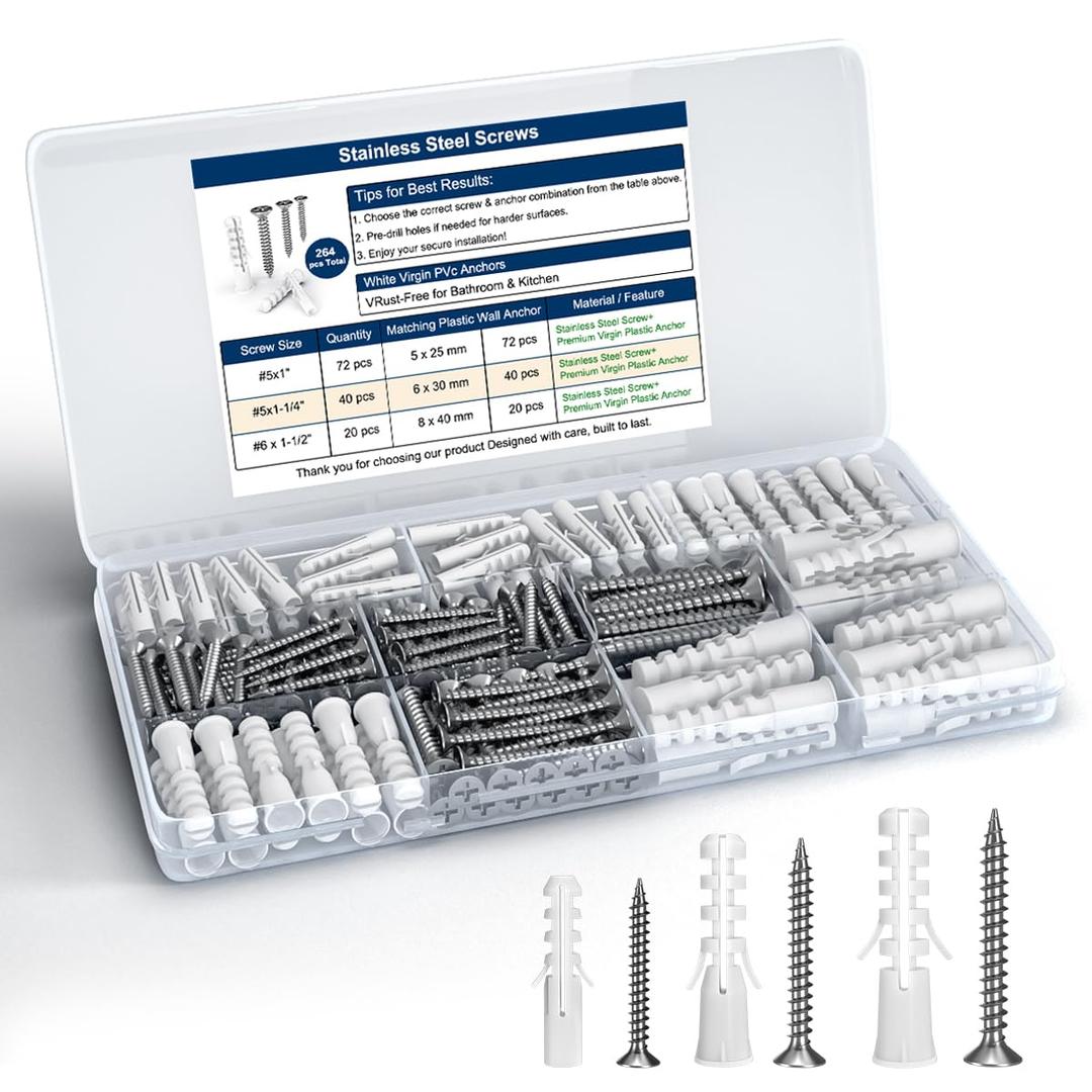 Drywall Anchors and Screws Kit  264PCS Screws and Anchors for Wall, Drywall, Picture Hanging  Heavy Duty Plastic Wall Anchors and Screws Set for Drywall, Anchors for Screws, Wall Anchors for Drywall