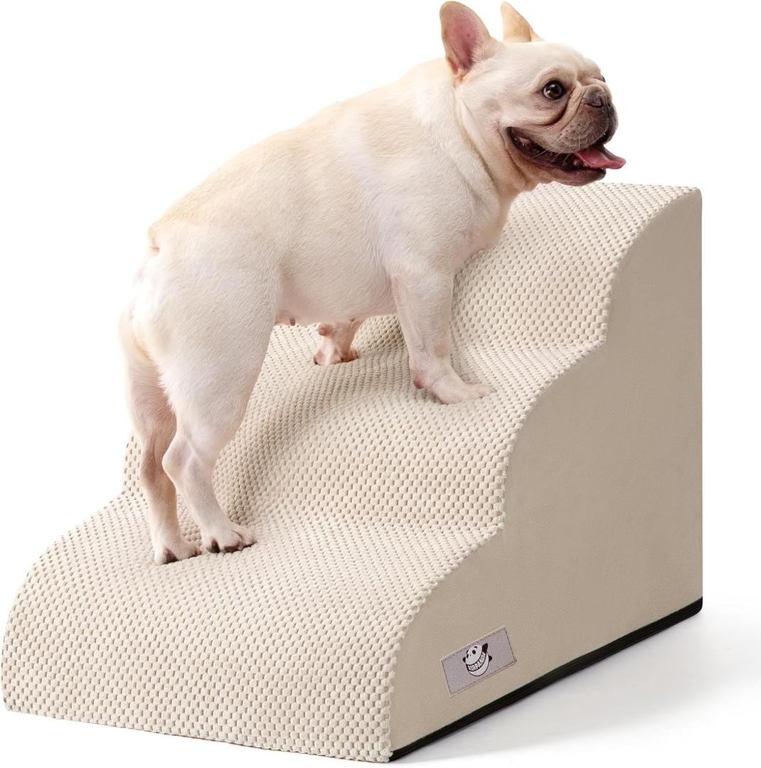 Airpanda Dog Stairs for Small Dogs and Cats 3 Step Pet Ramp for Couch & Sofa, Non-Slip Dog Steps for Pets, Washable Cover, High-Density Support Foam for Easy Climbing,Beige