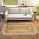 GRUHUM Scalloped Jute Area Rugs 9x12 ft Rectangular Natural Base White Trim Handwoven Boho Soft Braided Rustic Vintage EcoFriendly Rug- Farmhouse Indoor Living Room Bedroom Kitchen Hallways Home Décor