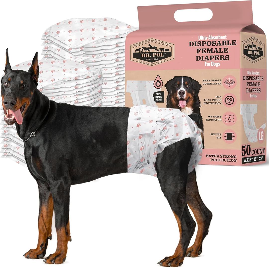 Dr. Pol Female Dog Diapers  Super Absorbent, Breathable, Leak-Proof with Wetness Indicator, Large, 50 Count (LG Waist Size 18 - 27 in)