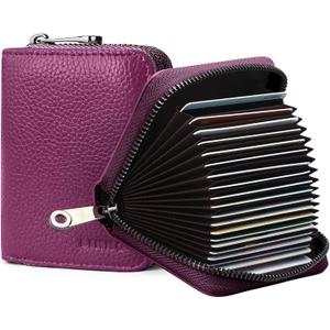 Linno RFID 20 Slots Credit Card Holder Genuine Leather Small Wallet for Women or Men with Zipper (Purple)