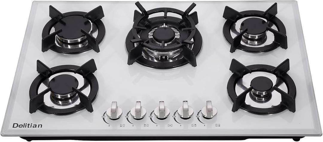 30 Inch Gas Cooktop DTW5701 White Tempered Glass Stovetop, 5 Burners LPG/NG Convertible Stove Thermocouple Protection Cooktop