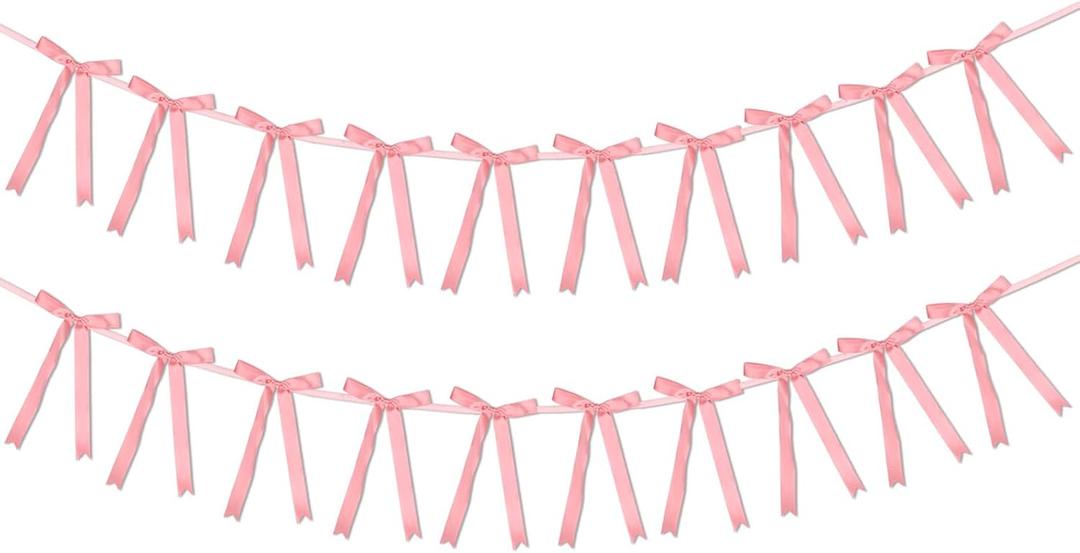 2pcs Pink Bow Garland Banners, Pre-Strung Ribbon Coquette Party Decorations for Birthday Bridal Shower Bachelorette Wedding & Baby Shower Decor