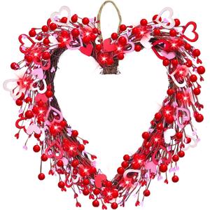 Valentine's Day Wreath Decoration with 20 Red LED Lights Timer Wood Hearts, Battery Operated 16 Inch Valentines Door Wreath for Front Door Decor Outdoor Indoor Home Wedding Anniversary